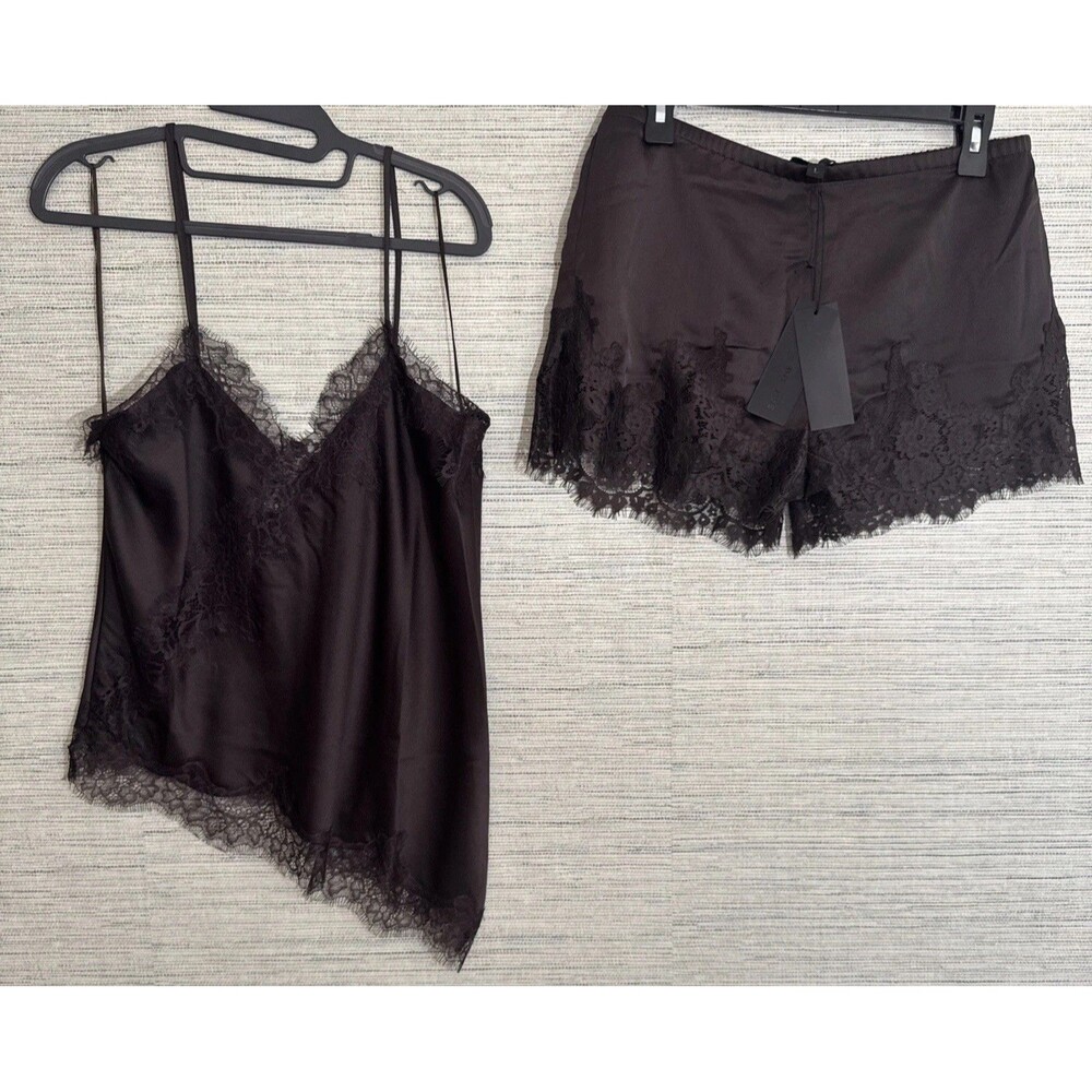 Espresso Satin Lace Trim Asymmetrical Camisole And Short Set Size Large